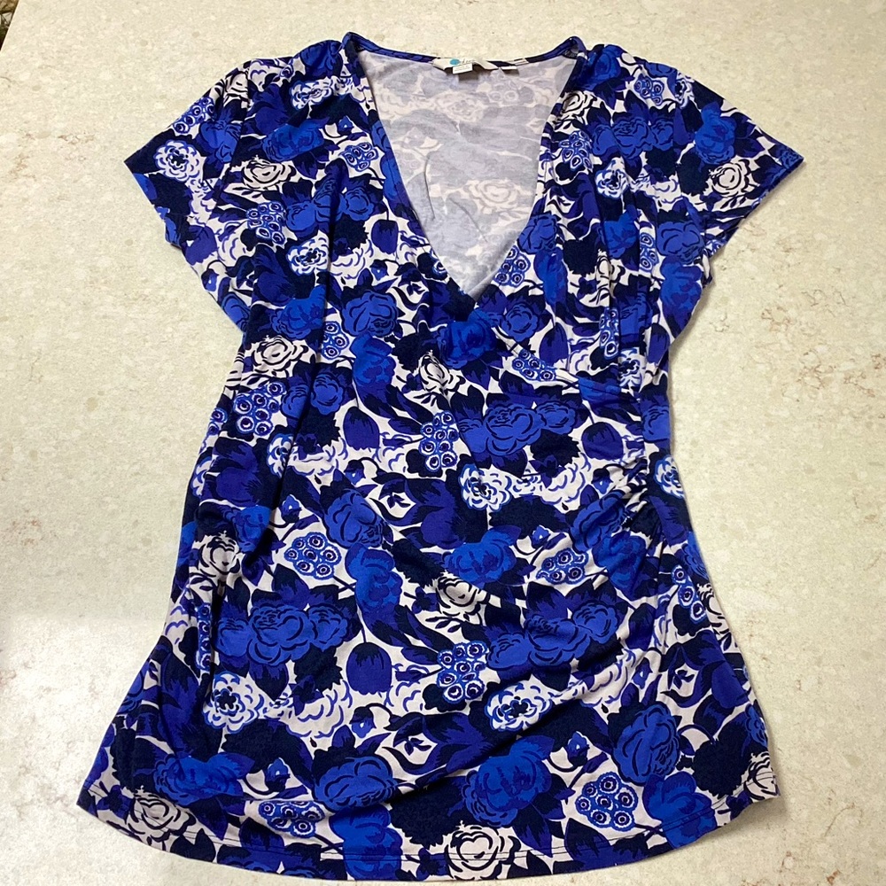 Boden blue floral faux-wrap top, size 10